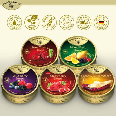 Cavendish & Harvey Premium Hard Candy Variety Pack | 5 Pack | 175g-200g Tins