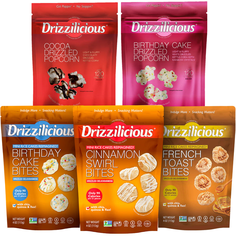 Drizzilicious Mini Rice Cake Bites & Popcorn Variety Mix | 102-113g Per Bag | Pack of 5 by Broadway Candy