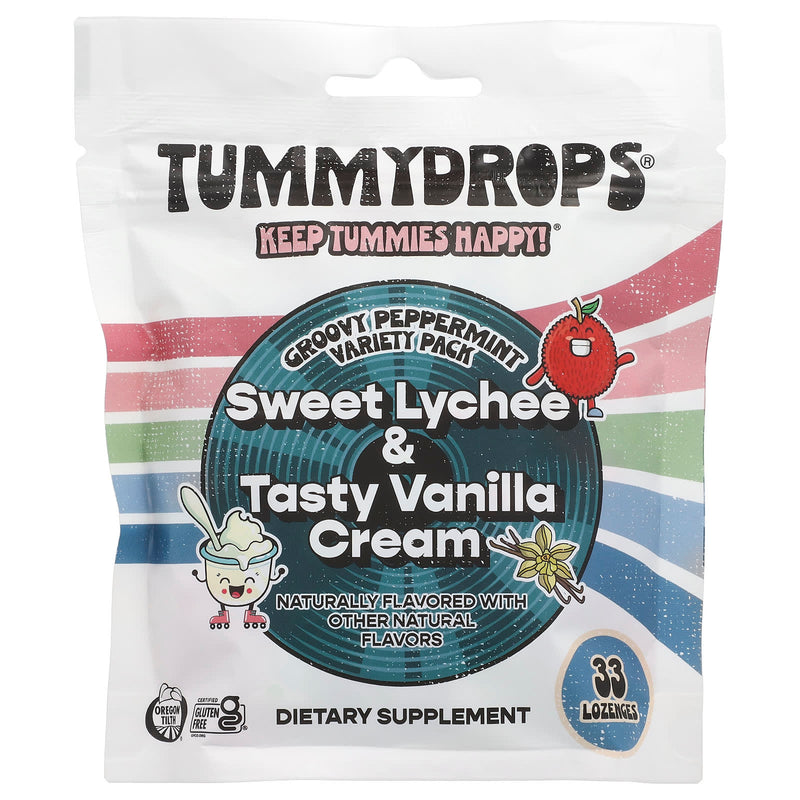 Tummy Drops Groovy Peppermint Variety Pack Sweet Lychee & Tasty Vanilla Cream 105g